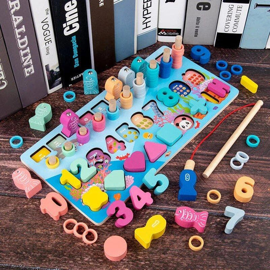 Kids Wooden Shape Puzzle Counting Fishing Game