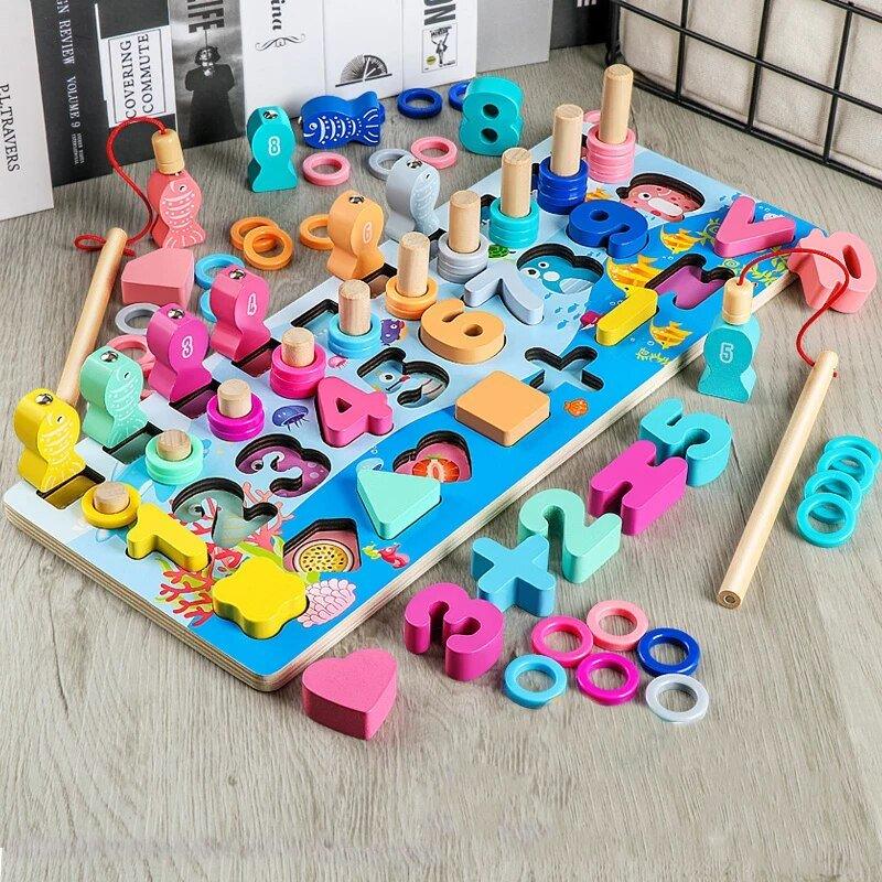 Kids Wooden Shape Puzzle Counting Fishing Game