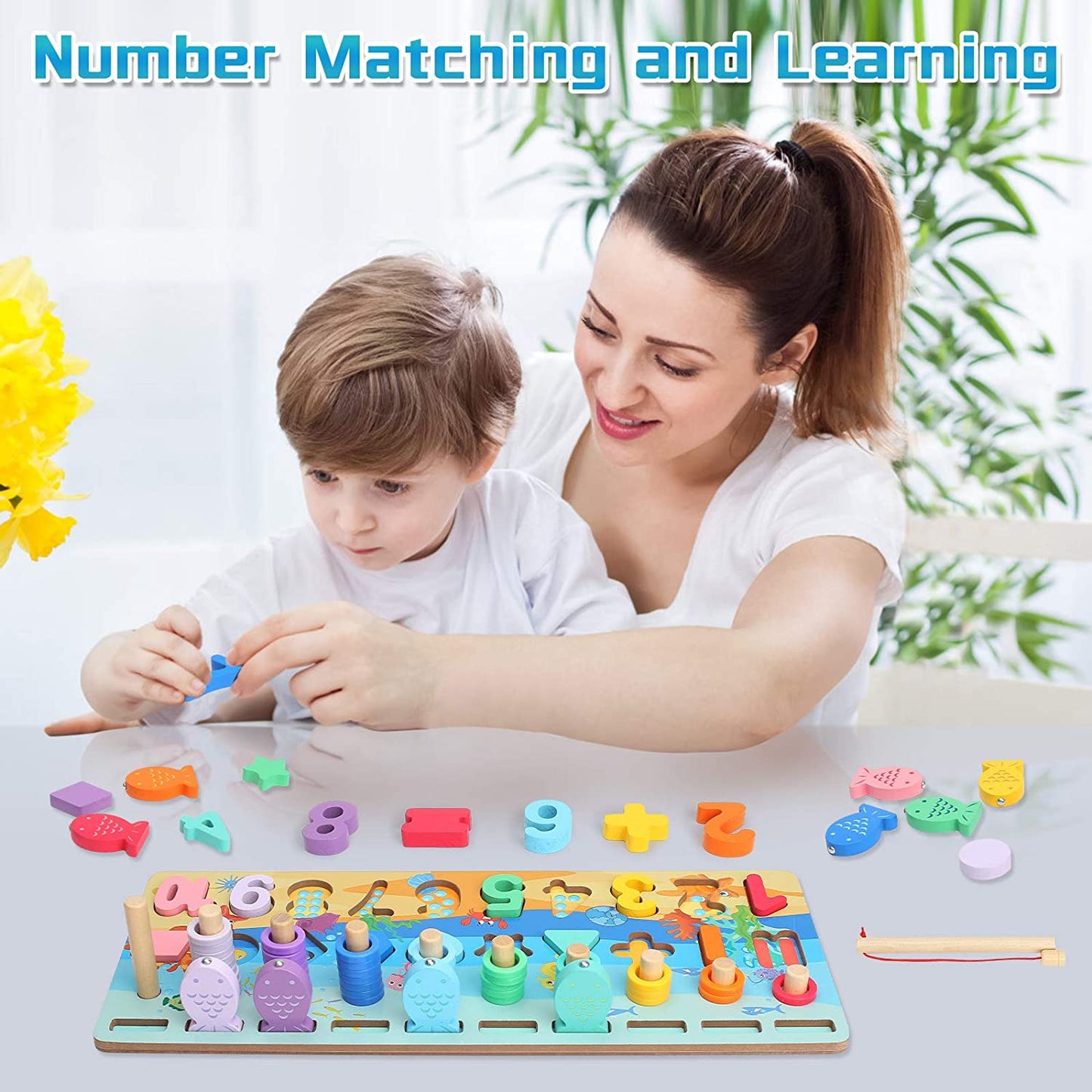 Kids Wooden Shape Puzzle Counting Fishing Game