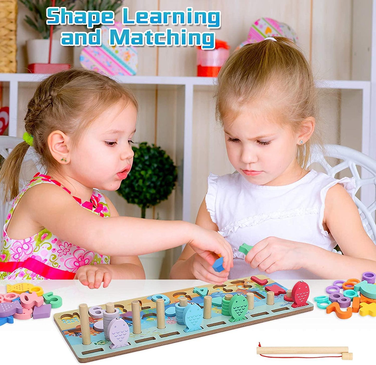 Kids Wooden Shape Puzzle Counting Fishing Game