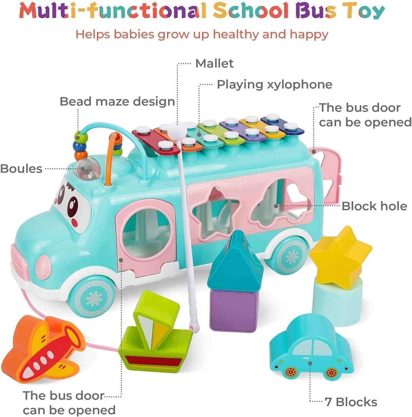 Multifunctional Rainbow Color Xylophone School Bus Toy